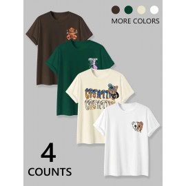 [Summer Tees] 4-Pack Men's Casual Crew Neck T-Shirt | Soft Stretch Fabric, Summer Tee Collection, Playful Bear Illustrations - 