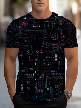 Men's Futuristic Circuit Board Graphic T-Shirt - Sporty Tech-Inspired Design, Vibrant Neon Geometric Print, Breathable Summer Tee, Machine Washable Regular Fit Round Neck, Techthemed Apparel, Comfortable Wear