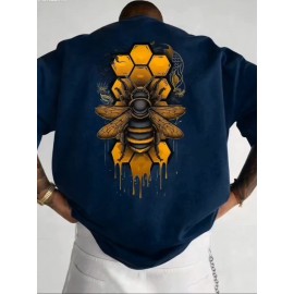 Men's Casual Short Sleeve T-Shirt - 100% Polyester Relaxed Fit Bee Print Graphic Tee with Honeycomb & Dripping Wax Design, Small Round Neck Summer Outdoor Top for Men, Durable Fabric Shirt