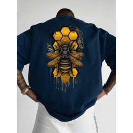 Men's Casual Short Sleeve T-Shirt - 100% Polyester Relaxed Fit Bee Print Graphic Tee with Honeycomb & Dripping Wax Design, Small Round Neck Summer Outdoor Top for Men, Durable Fabric Shirt