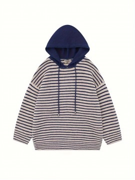 [Polyester Striped Hoodie] 100% Polyester Men's Casual Striped Hoodie - Loose Fit, Crew Neck, Color Block Design, Medium Stretch, Fall/Winter Streetwear Sweatshirt