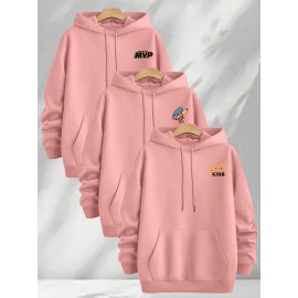 [Three-Piece Hoodie Set] Three-Piece Set Of Fashionable Element Print Hoodies, Men's Casual Pullover Sweatshirt With Long Sleeves, Slightly Stretchy Knit Polyester Fabric, Regular Fit Men's Hoodie