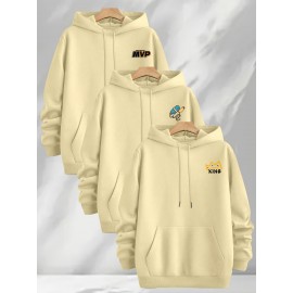 [Three-Piece Hoodie Set] Three-Piece Set Of Fashionable Element Print Hoodies, Men's Casual Pullover Sweatshirt With Long Sleeves, Slightly Stretchy Knit Polyester Fabric, Regular Fit Men's Hoodie