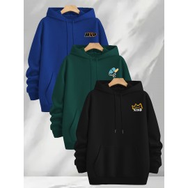 [Three-Piece Hoodie Set] Three-Piece Set Of Fashionable Element Print Hoodies, Men's Casual Pullover Sweatshirt With Long Sleeves, Slightly Stretchy Knit Polyester Fabric, Regular Fit Men's Hoodie