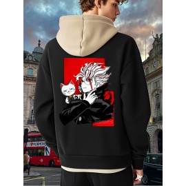 [Men's Anime Hoodie] Trendy Anime Hoodie | Men's Black with Red & White Print, Casual Drawstring Pullover, Front Kangaroo Pocket, Long Sleeve, Polyester Blend, All Seasons