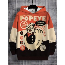 Men'S Popeye The Sailor Fresh Power 3D Print Hoodie - Casual Long Sleeve, Vibrant Orange & Black Graphic Pullover with 