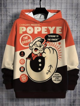 Men'S Popeye The Sailor Fresh Power 3D Print Hoodie - Casual Long Sleeve, Vibrant Orange & Black Graphic Pullover with 