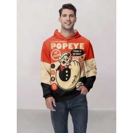 Men'S Popeye The Sailor Fresh Power 3D Print Hoodie - Casual Long Sleeve, Vibrant Orange & Black Graphic Pullover with 