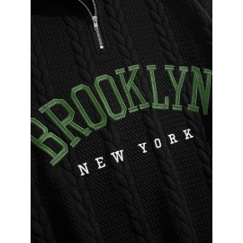 Jacquard Preppy Collared Neck Long Sleeve Embroidered Loose Fit Regular Length Knit Fabric Hoodie