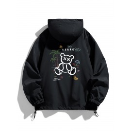 [Trendy Hooded Jacket] Trendy Black Men's Casual Hooded Jacket | Long Sleeves, Drawstrings, Functional Zippers, Teddy Bear Logo, Spring/Fall Windbreaker