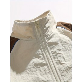 Men's Casual Full-Zip Color Block Jacket, Lightweight Comfy Blouson Jacket For Spring/Fall Outdoor Activity