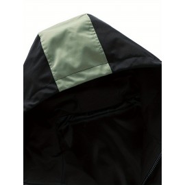 Men's Windproof Hooded Jacket for Spring & Autumn - Lightweight Work Jacket with Zipper Closure, Contrast Color Block Design, Polyester Lining & Pockets - Outdoor Sports, Hiking, Casual Wear