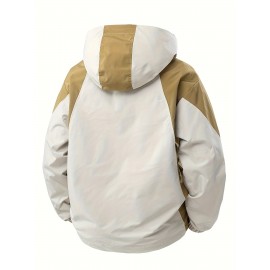 Men's Windproof Hooded Jacket for Spring & Autumn - Lightweight Work Jacket with Zipper Closure, Contrast Color Block Design, Polyester Lining & Pockets - Outdoor Sports, Hiking, Casual Wear