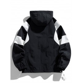 Men's Heavy-Duty Jacket - Full-Zip Windbreaker Coat with Hood, Black/White colorblock, Loose Fit Workwear Jacket for Outdoor, Casual, Everyday Use - Size XL (Machine Washable)