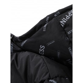 [Windproof Jacket] Warm & Stylish Men's Thick Windproof Hooded Jacket | Large Pockets & Drawstring, Black Polyester, Casual Letter Print Versatile Outerwear, Durable Outerwear