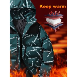 [Windproof Jacket] Warm & Stylish Men's Thick Windproof Hooded Jacket | Large Pockets & Drawstring, Black Polyester, Casual Letter Print Versatile Outerwear, Durable Outerwear