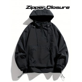 Men's Black Hooded Windbreaker Jacket - Lightweight, Polyester, Long Sleeve, Zipper Closure | Casual, Wind Protection for Spring & Fall