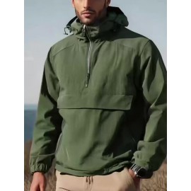 Men's Windproof Hooded Jacket - Casual Outdoor Pullover with Zipper Pockets, Long Sleeve, Machine Washable, Green Polyester Fabric for Spring/Fall, Windbreaker Jacket