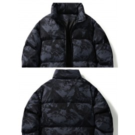 Men'S Retro Vintage Money Print Jacket - Stylish Black & White Patterned Coat with Stand Collar, Zipper Closure, and Pockets for Casual or Daily Wear, Casual Outerwear | Vintage Style Coat | Polyester Fiber Jacket