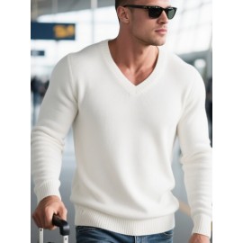 Men'S Casual V-Neck Sweater - Soft Knit, Long Sleeve, Solid White, Perfect for Fall & Winter, Versatile for Outdoor & Indoor Wear, Winter Clothing | Vneck Sweater | Knit Construction