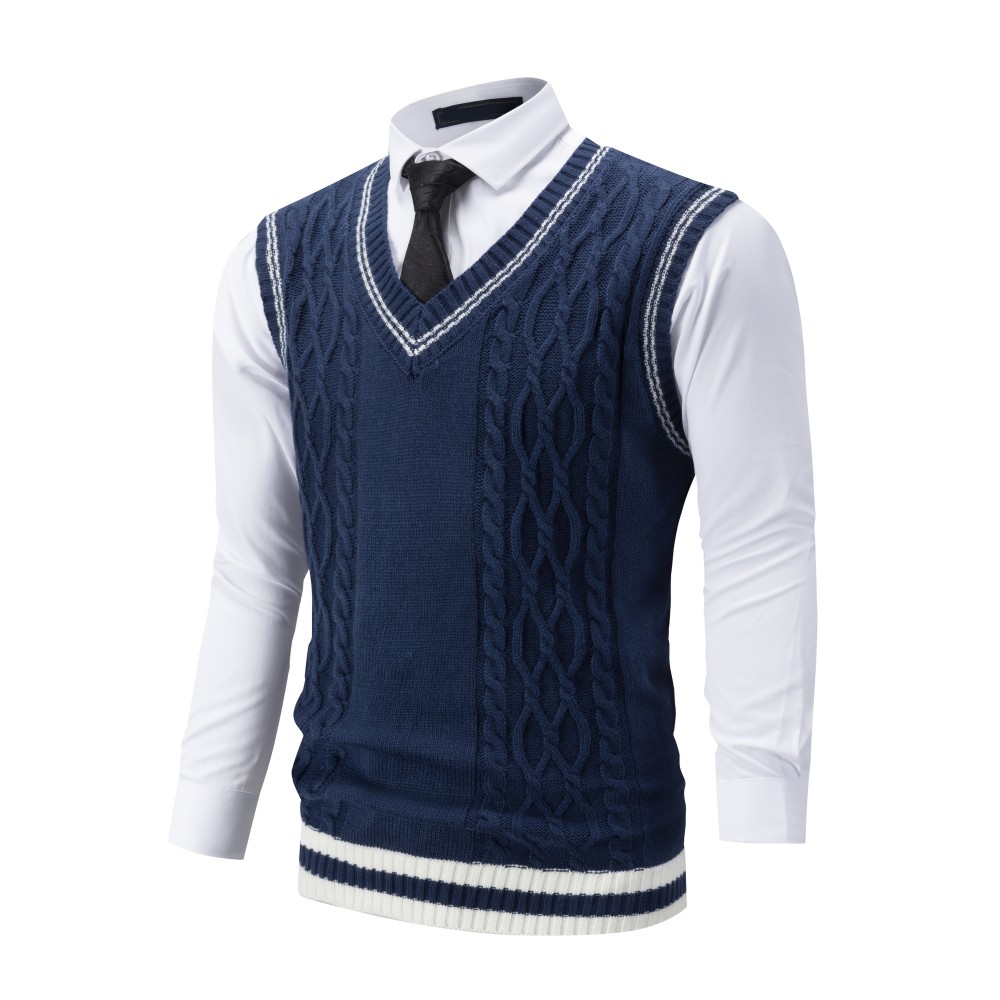 Men'S Vintage Twist Rope Pattern V-Neck Knit Vest - Cozy Acrylic Sweater Vest with Ribbed Hem, Loose Fit for Fall/Winter Casual Wear, Winter Vest | Twist Rope Design | Acrylic Knitwear