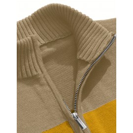 Men's Slim-Fit Casual Soft Commuter Knit Sweater - High Neck Long Sleeve with 1/4 Zipper, Navy & Light Grey Color Block Design for Autumn/Winter, Office & Casual Wear, Knitted Sweater, Comfortable Winter Wear