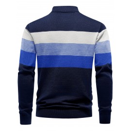 Men's Slim-Fit Casual Soft Commuter Knit Sweater - High Neck Long Sleeve with 1/4 Zipper, Navy & Light Grey Color Block Design for Autumn/Winter, Office & Casual Wear, Knitted Sweater, Comfortable Winter Wear