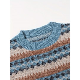 Men's Casual Color-Block Geometric Knit Sweater - Loose Fit Ribbed Detail Pullover, Machine Washable Autumn Winter Warm Crewneck Sweater for Casual Attire, Knitted Sweater, Durable Winter Wear