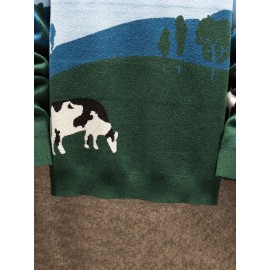Cozy Fall | Cozy Fall Cow Print Sweater for Men - Casual Long Sleeve, Thick Knit, Acrylic, Crew Neck, Green & Blue Design with Black and White Cow, Perfect for Fall/Winter, Fall Winter Apparel | Playful Design | Acrylic Knitwear