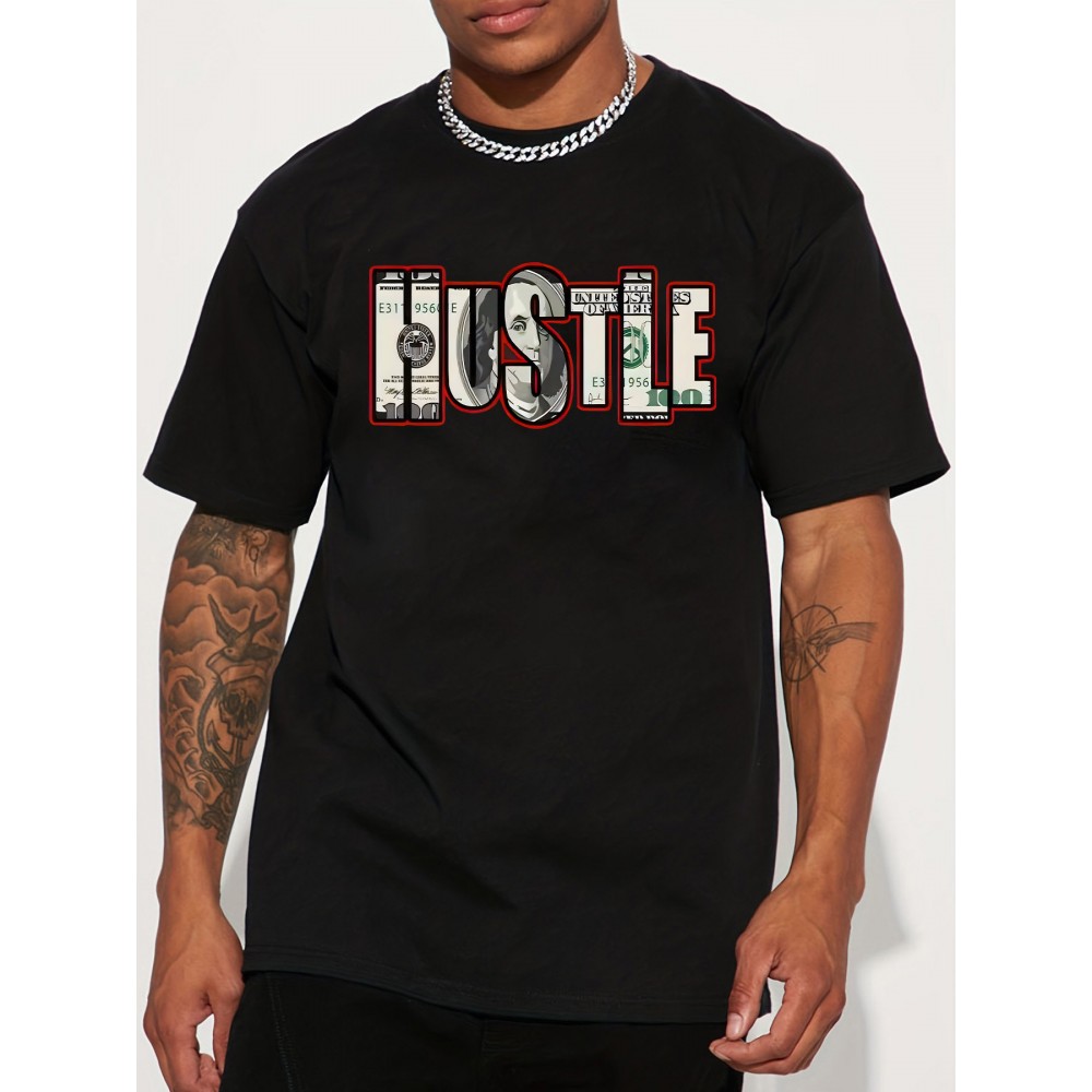 Men's Hustle Graphic T-Shirt - Casual Streetwear Style, Unisex Short Sleeve Tee with Bold Money Print, Lightweight Polyester Blend, Summer Essential for Men and Women, Unisex Tshirt | Bold Print Shirt | Money Theme Apparel