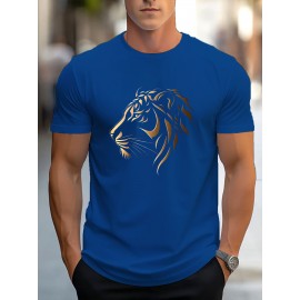 Men'S Stylish Lion Graphic T-Shirt - Brown with Golden Accent Design, Casual Summer Wear, Lightweight Polyester Fabric, Round Neck, Machine Washable, Casual Summer Top|Round Neck Shirt|Polyester Fabric