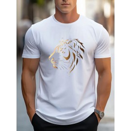 Men'S Stylish Lion Graphic T-Shirt - Brown with Golden Accent Design, Casual Summer Wear, Lightweight Polyester Fabric, Round Neck, Machine Washable, Casual Summer Top|Round Neck Shirt|Polyester Fabric