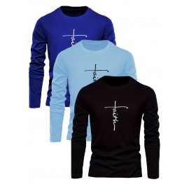 3pcs faith letter print new Men's round neck long-sleeved T-shirt casual sports breathable top multi-pack autumn and winter Men's clothing comfortable loose fashion street trendy warm sweater set as a gift suitable for outdoor sports