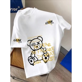 Men's Graphic T-Shirt - Relaxed Fit Streetwear Tee with Fearless Bear Design, White Crew Neck Shirt for Casual Summer Outfits & Edgy Fashion Statements, Machine Washable Top, Distressed Lettering, Durable Print