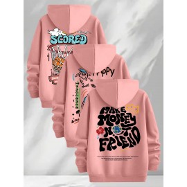 [Three-Piece Hoodie Set] Three-Piece Set Of Fashionable Element Print Hoodies, Men's Casual Pullover Sweatshirt With Long Sleeves, Slightly Stretchy Knit Polyester Fabric, Regular Fit Men's Hoodie