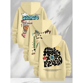 [Three-Piece Hoodie Set] Three-Piece Set Of Fashionable Element Print Hoodies, Men's Casual Pullover Sweatshirt With Long Sleeves, Slightly Stretchy Knit Polyester Fabric, Regular Fit Men's Hoodie