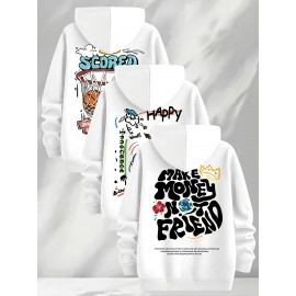 [Three-Piece Hoodie Set] Three-Piece Set Of Fashionable Element Print Hoodies, Men's Casual Pullover Sweatshirt With Long Sleeves, Slightly Stretchy Knit Polyester Fabric, Regular Fit Men's Hoodie