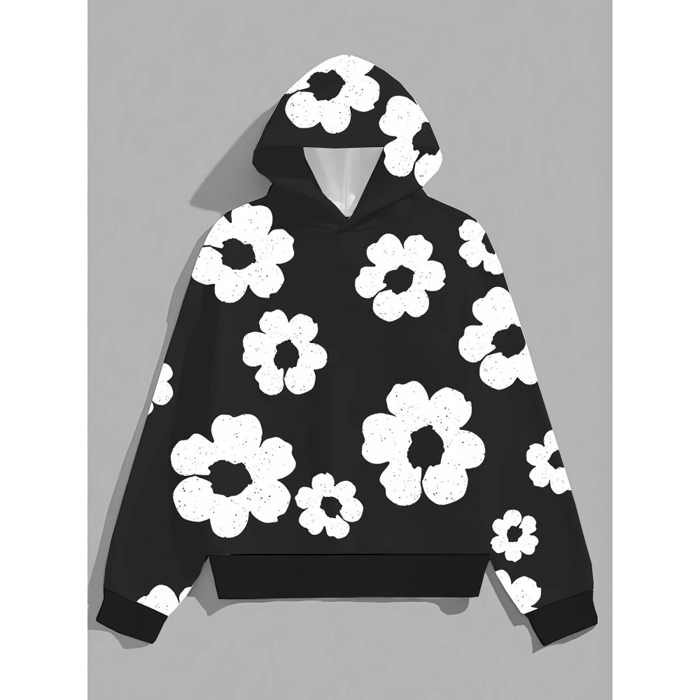 Men'S Casual Black Hoodie with White Floral Print - Trendy Long Sleeve Pullover, Regular Fit, Slight Stretch Fabric, Casual Wear Hoodie|Floral Print Hoodie|Stretchy Fabric Hoodie, Hoodie, Sweatshirt, Sweatshirt Set, Sweatshirt Set for