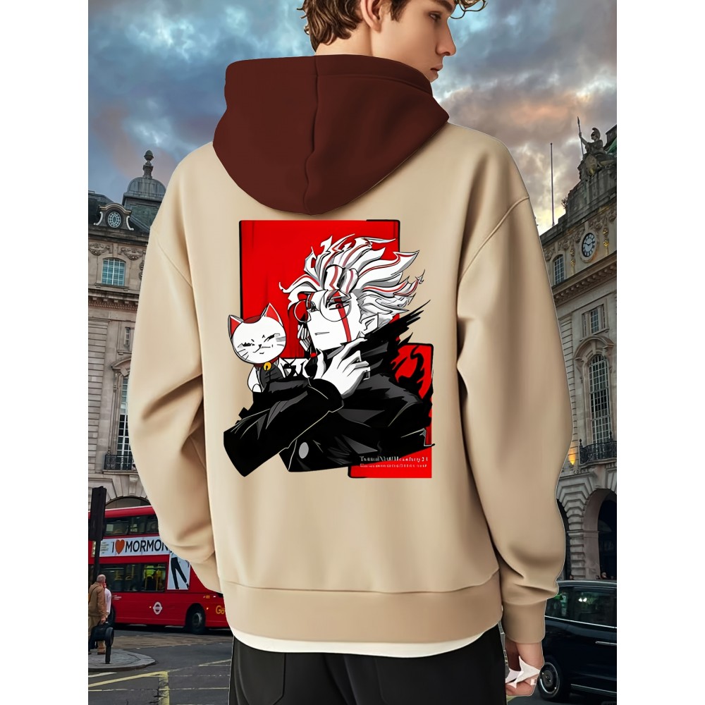 [Men's Anime Hoodie] Trendy Anime Hoodie | Men's Black with Red & White Print, Casual Drawstring Pullover, Front Kangaroo Pocket, Long Sleeve, Polyester Blend, All Seasons
