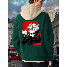 [Men's Anime Hoodie] Trendy Anime Hoodie | Men's Black with Red & White Print, Casual Drawstring Pullover, Front Kangaroo Pocket, Long Sleeve, Polyester Blend, All Seasons