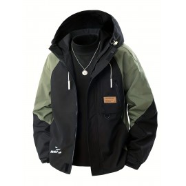 Men's Windproof Hooded Jacket for Spring & Autumn - Lightweight Work Jacket with Zipper Closure, Contrast Color Block Design, Polyester Lining & Pockets - Outdoor Sports, Hiking, Casual Wear