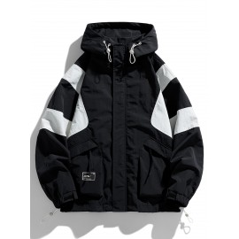 Men's Heavy-Duty Jacket - Full-Zip Windbreaker Coat with Hood, Black/White colorblock, Loose Fit Workwear Jacket for Outdoor, Casual, Everyday Use - Size XL (Machine Washable)