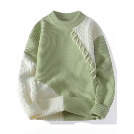 Men'S Cozy Ribbed Knit Sweater - Casual Long Sleeve Crewneck with Contrast Trim, Warm Fall/Winter Pullover in Light Green, Perfect for Casual Attire, Thick